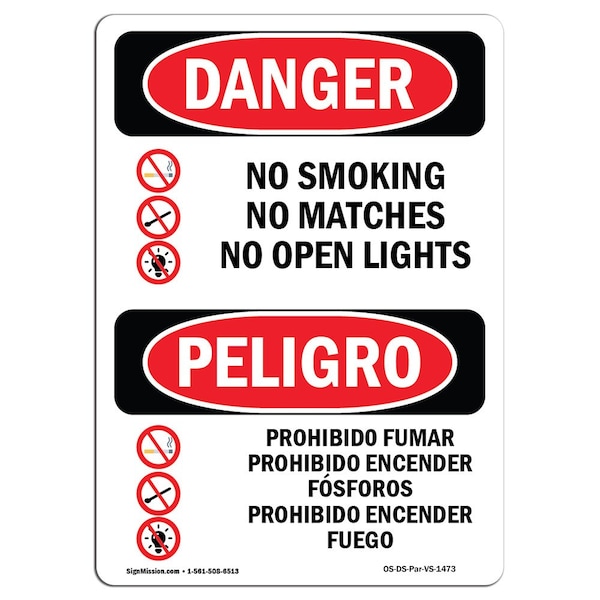 OSHA, No Smoking Matches Open Lights Bilingual, 24in X 18in Rigid Plastic, 18" W, 24" L, Spanish